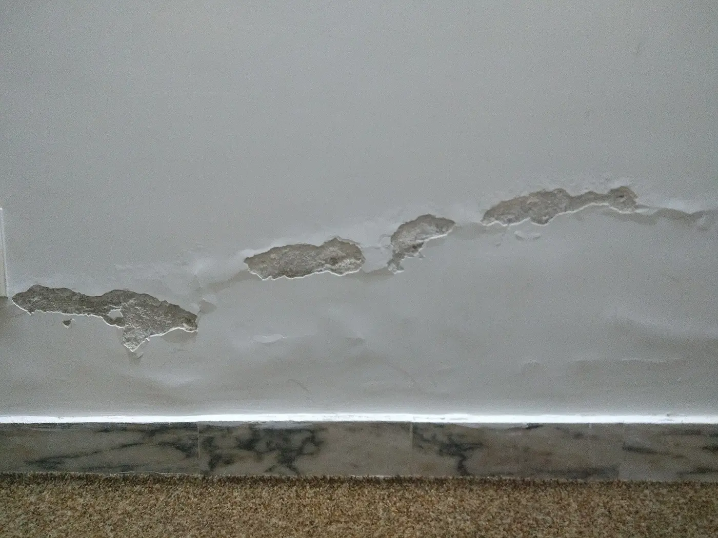 Feuchtigkeitsschaden mit abblätterndem Putz an einer Kellerwand